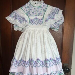 Vintage Handmade Floral Puff Sleeve Pinafore Dress in White and Lavender
